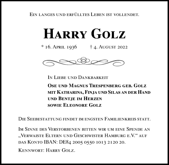 Traueranzeige von Harry Golz von Lübecker Nachrichten