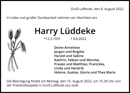 Traueranzeige von Harry Lüddeke von Peiner Allgemeine Zeitung