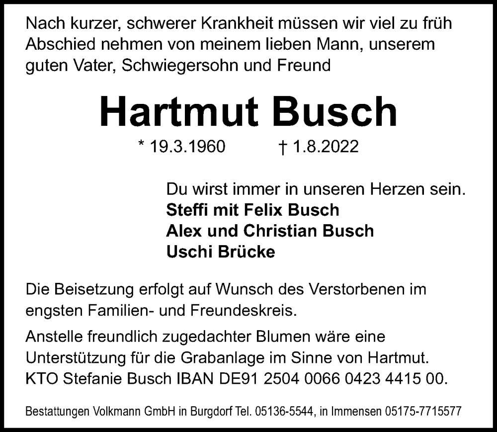  Traueranzeige für Hartmut Busch vom 06.08.2022 aus Hannoversche Allgemeine Zeitung/Neue Presse