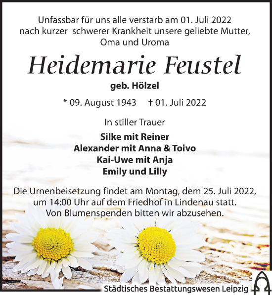 Traueranzeige von Heidemarie Feustel von Leipziger Volkszeitung
