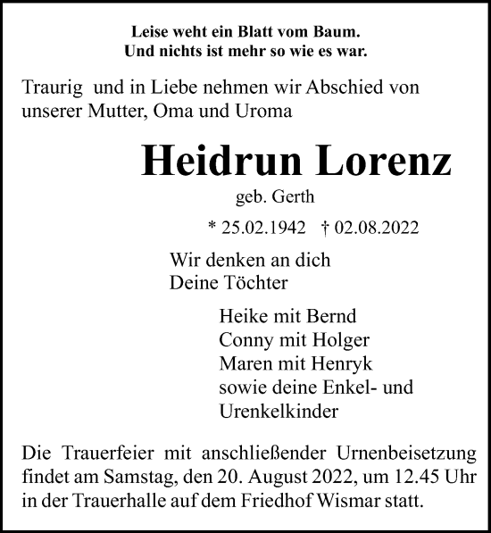 Traueranzeige von Heidrun Lorenz von Ostsee-Zeitung GmbH