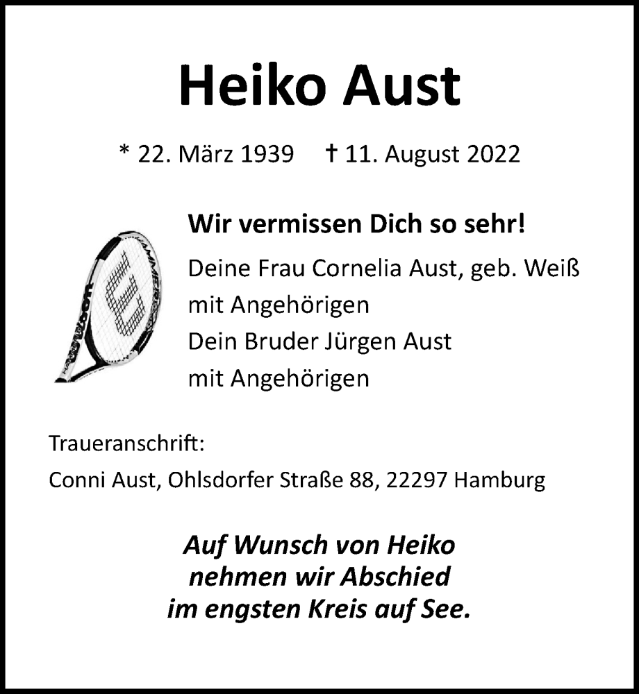  Traueranzeige für Heiko Aust vom 21.08.2022 aus Lübecker Nachrichten
