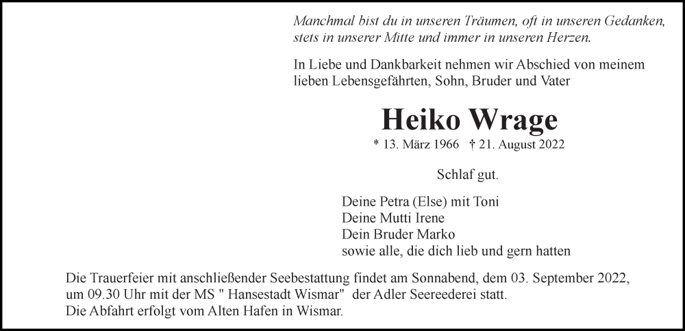  Traueranzeige für Heiko Wrage vom 27.08.2022 aus Ostsee-Zeitung GmbH