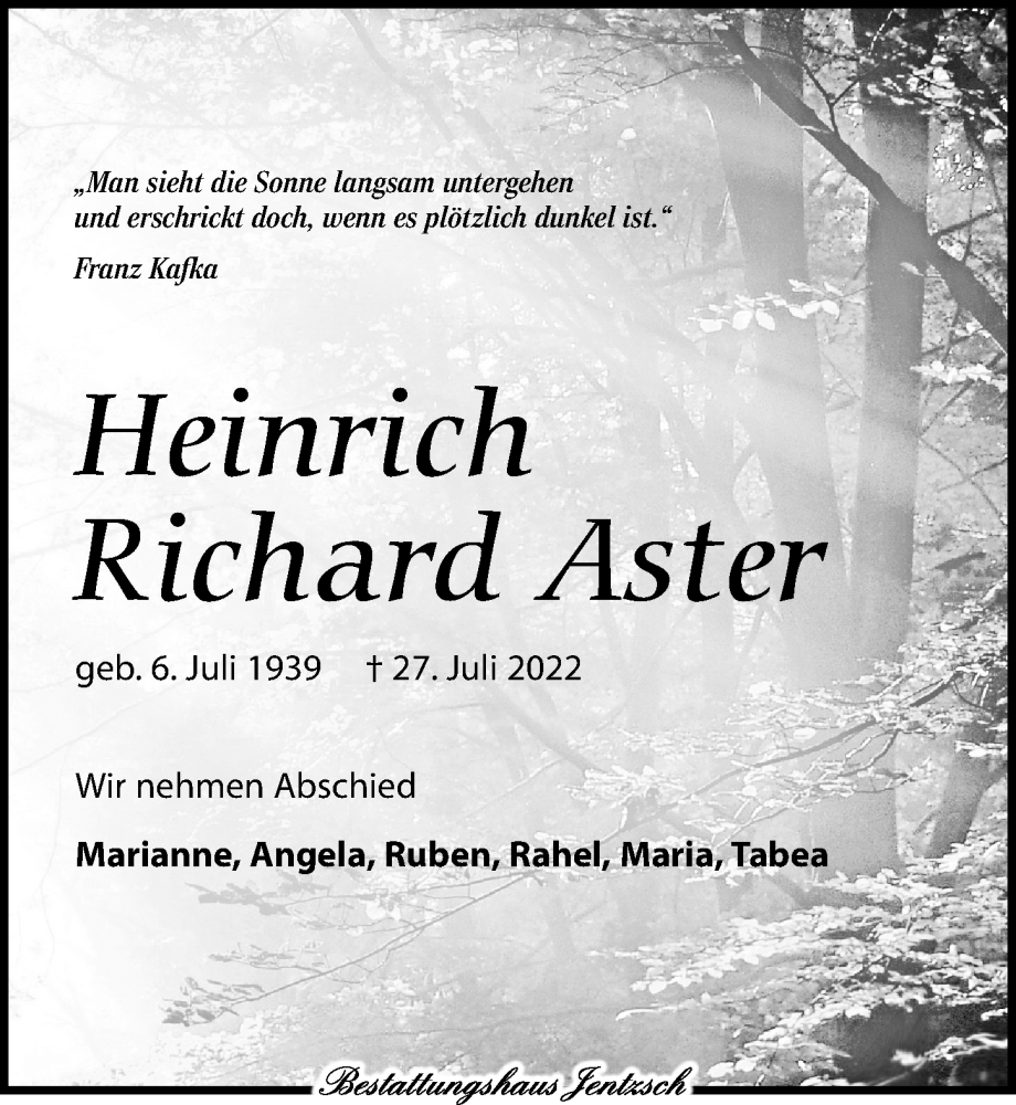  Traueranzeige für Heinrich Richard Aster vom 30.07.2022 aus Leipziger Volkszeitung