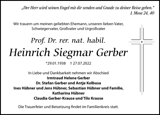 Traueranzeige von Heinrich Siegmar Gerber von Leipziger Volkszeitung