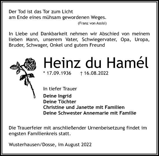 Traueranzeige von Heinz du Hamel von Märkischen Allgemeine Zeitung