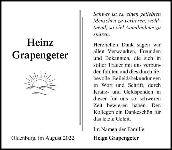 Traueranzeige von Heinz Grapengeter von Lübecker Nachrichten