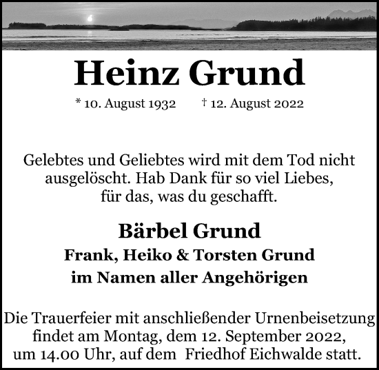 Traueranzeige von Heinz Grund von Märkischen Allgemeine Zeitung
