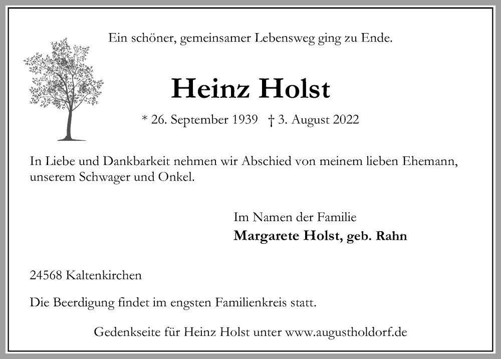  Traueranzeige für Heinz Holst vom 06.08.2022 aus Kieler Nachrichten