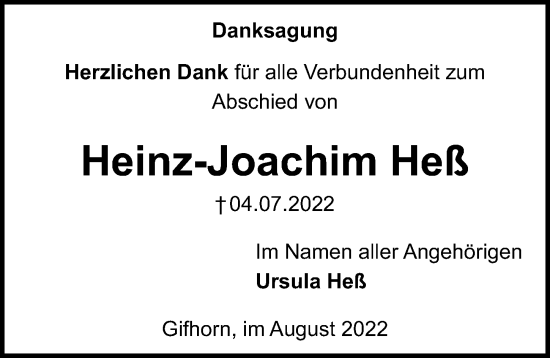 Traueranzeige von Heinz-Joachim Heß von Aller Zeitung