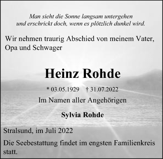 Traueranzeige von Heinz Rohde von Ostsee-Zeitung GmbH