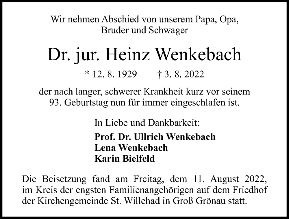  Traueranzeige für Heinz Wenkebach vom 14.08.2022 aus Lübecker Nachrichten