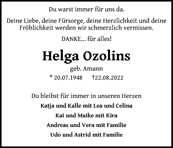 Traueranzeige von Helga Ozolins von Kieler Nachrichten