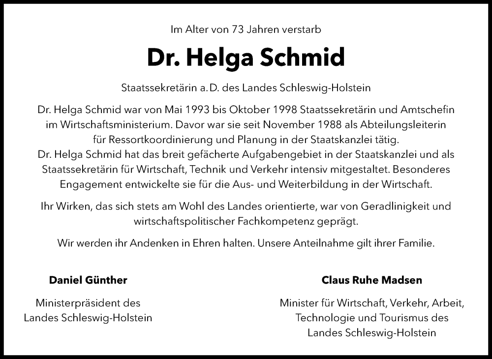  Traueranzeige für Helga Schmid vom 06.08.2022 aus Kieler Nachrichten