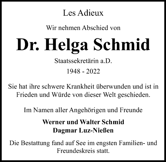 Traueranzeige von Helga Schmid von Kieler Nachrichten