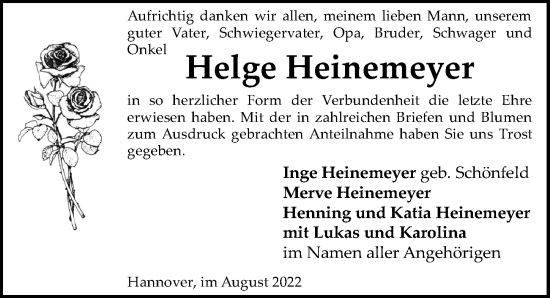 Traueranzeige von Helge Heinemeyer von Hannoversche Allgemeine Zeitung/Neue Presse