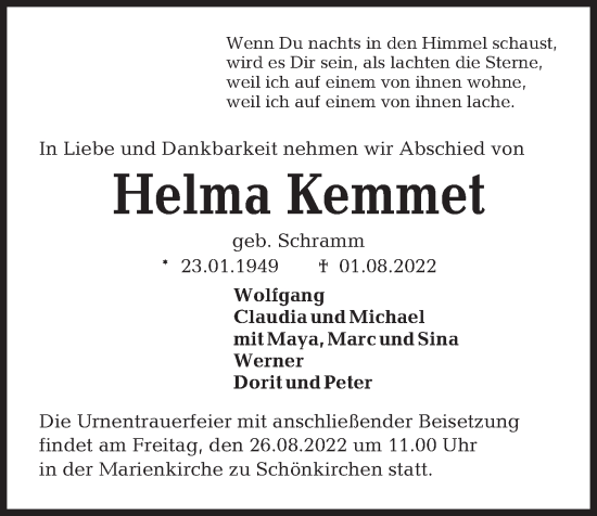 Traueranzeige von Helma Kemmet von Kieler Nachrichten