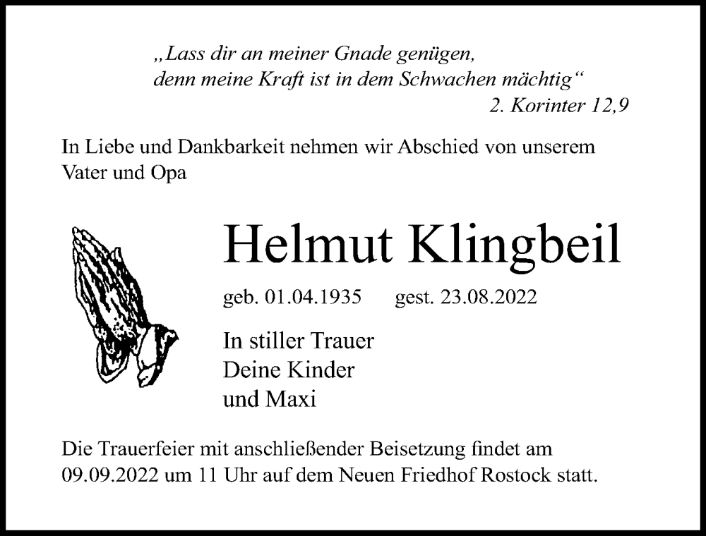  Traueranzeige für Helmut Klingbeil vom 27.08.2022 aus Ostsee-Zeitung GmbH