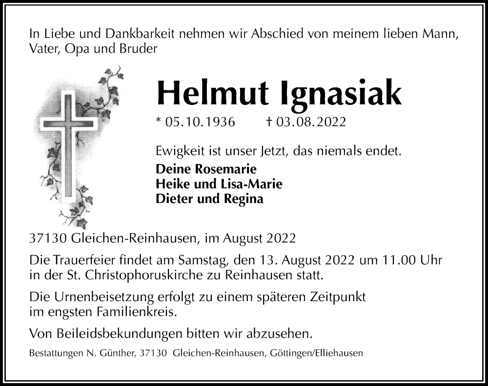  Traueranzeige für Helmut lgnasiak vom 06.08.2022 aus Göttinger Tageblatt