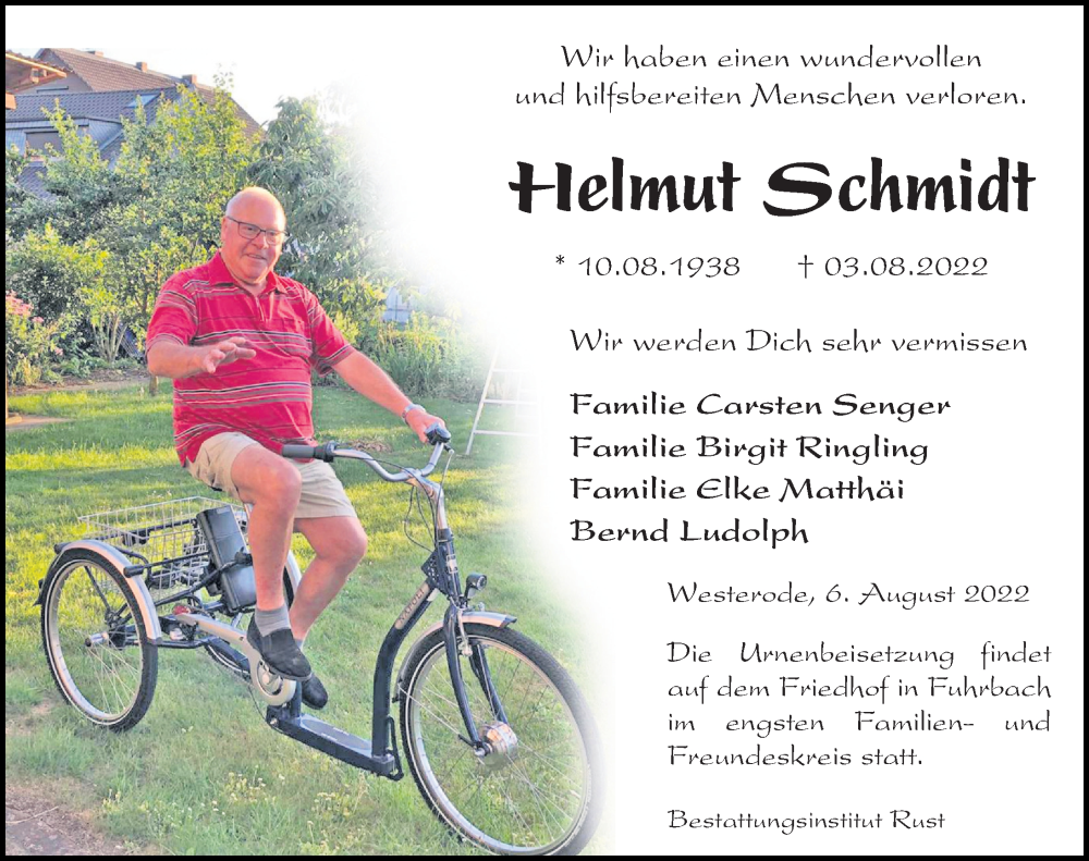  Traueranzeige für Helmut Schmidt vom 06.08.2022 aus Eichsfelder Tageblatt