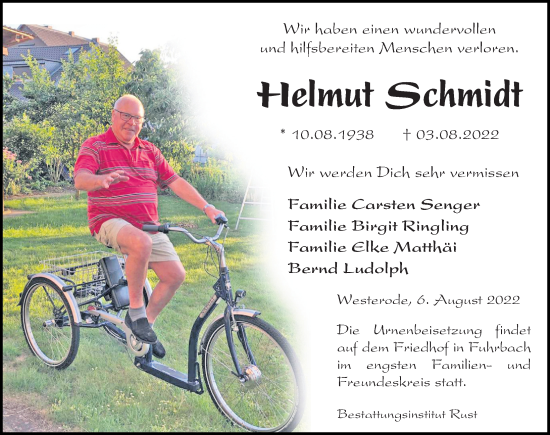 Traueranzeige von Helmut Schmidt von Eichsfelder Tageblatt