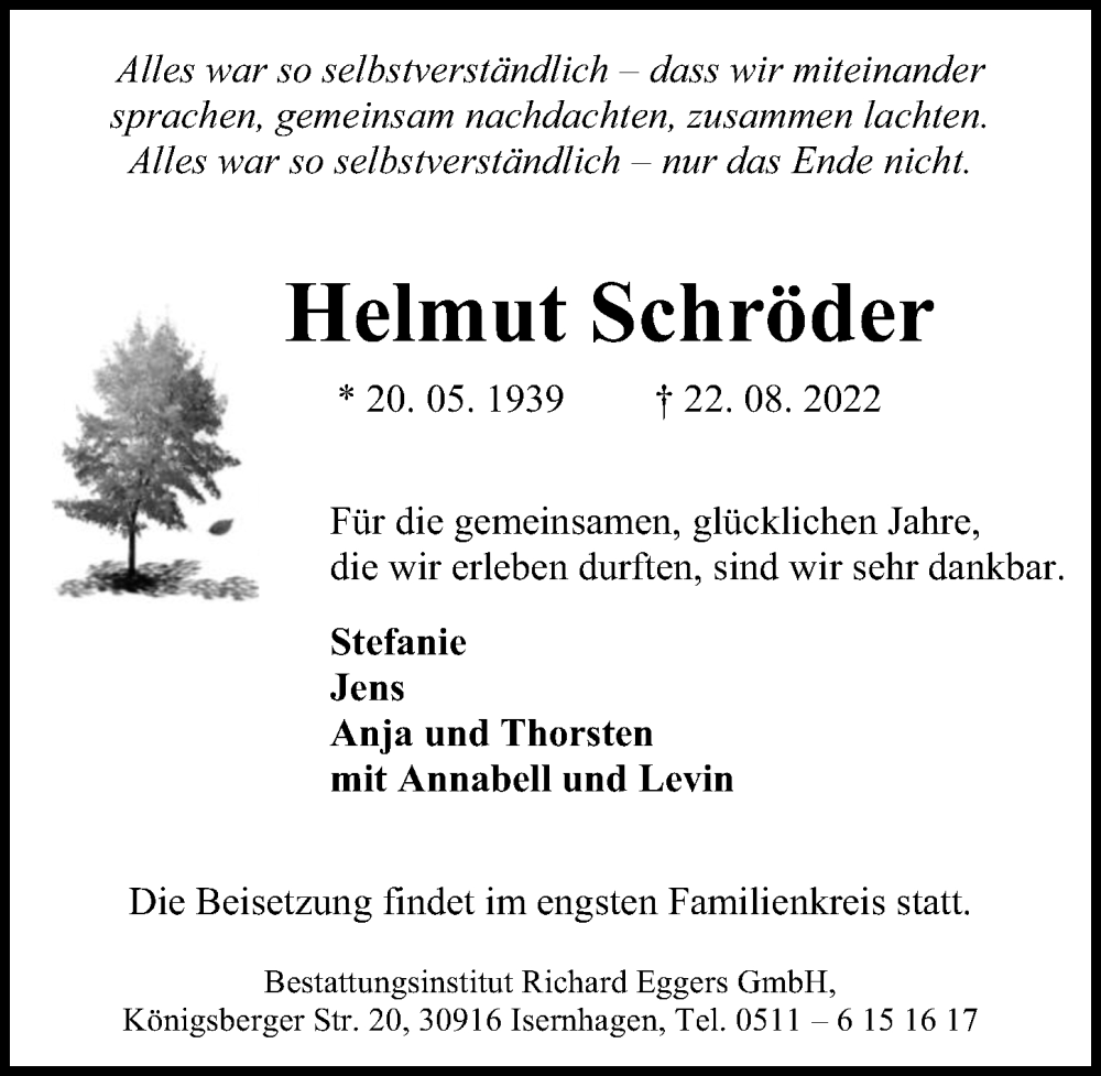  Traueranzeige für Helmut Schröder vom 27.08.2022 aus Hannoversche Allgemeine Zeitung/Neue Presse