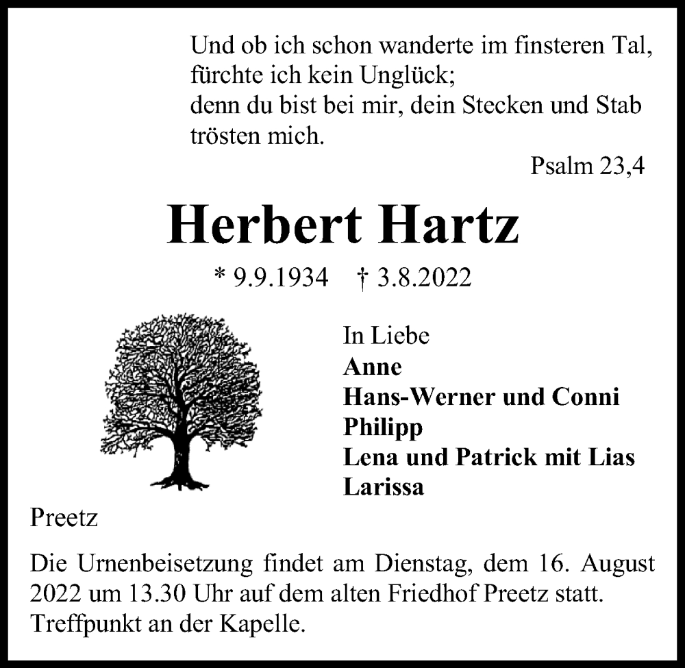 Traueranzeige für Herbert Hartz vom 06.08.2022 aus Kieler Nachrichten