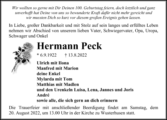 Traueranzeige von Hermann Peck von Ostsee-Zeitung GmbH