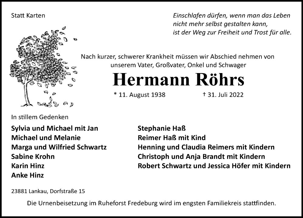  Traueranzeige für Hermann Röhrs vom 06.08.2022 aus Lübecker Nachrichten