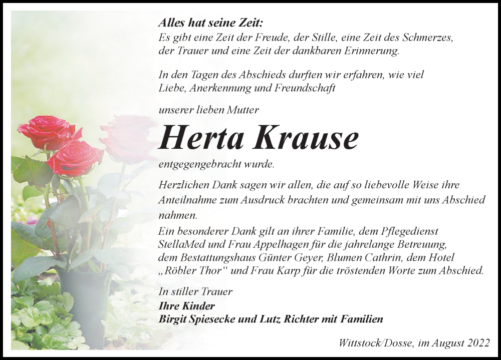  Traueranzeige für Herta Krause vom 27.08.2022 aus Märkischen Allgemeine Zeitung