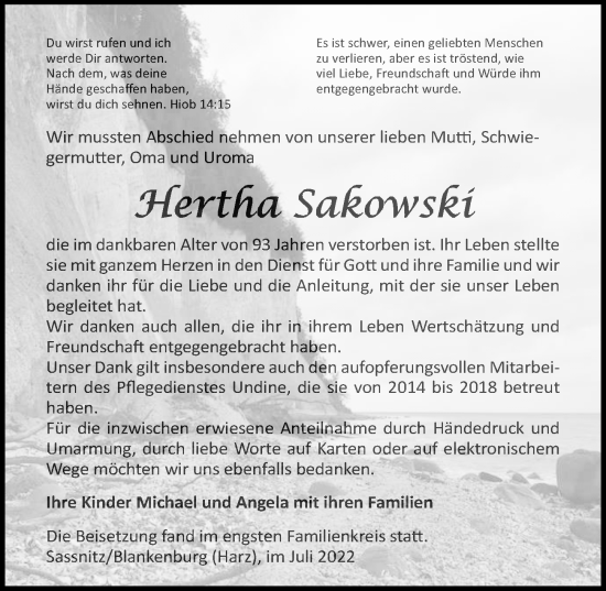 Traueranzeige von Hertha Sakowski von Ostsee-Zeitung GmbH