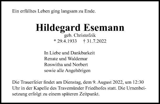Traueranzeige von Hildegard Esemann von Lübecker Nachrichten