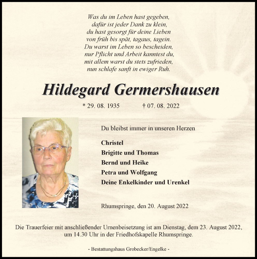 Traueranzeigen von Hildegard Germershausen | trauer-anzeigen.de