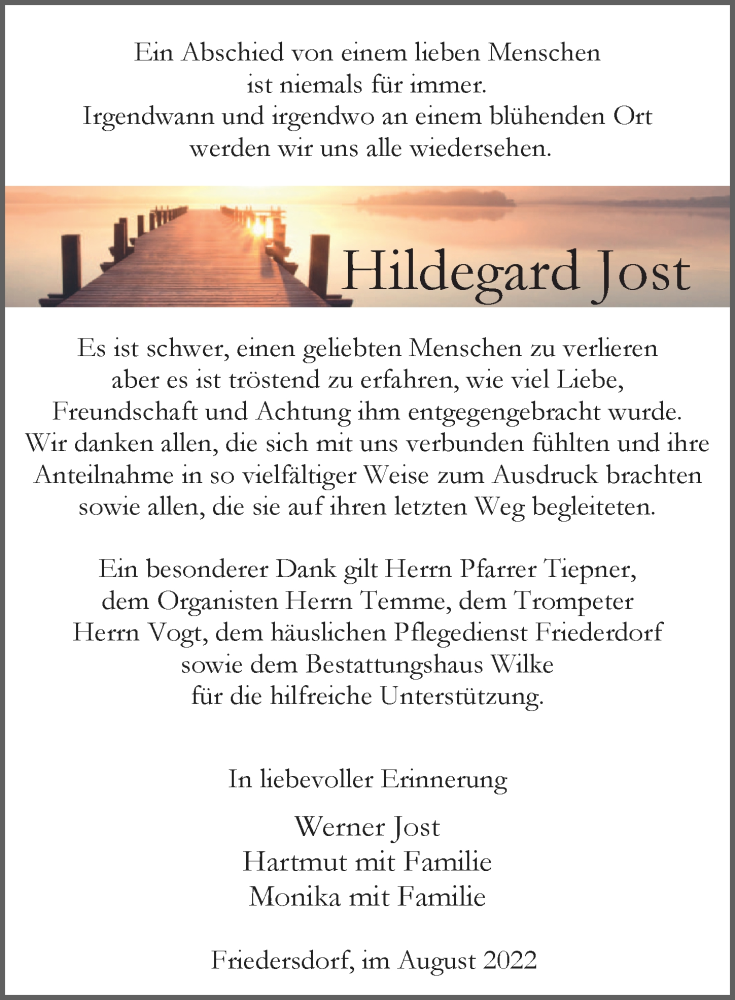  Traueranzeige für Hildegard Jost vom 20.08.2022 aus Märkischen Allgemeine Zeitung