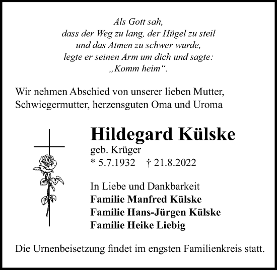 Traueranzeige von Hildegard Külske von Märkischen Allgemeine Zeitung