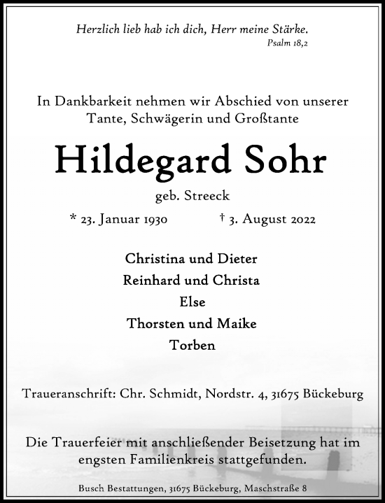 Traueranzeige von Hildegard Sohr von Schaumburger Nachrichten
