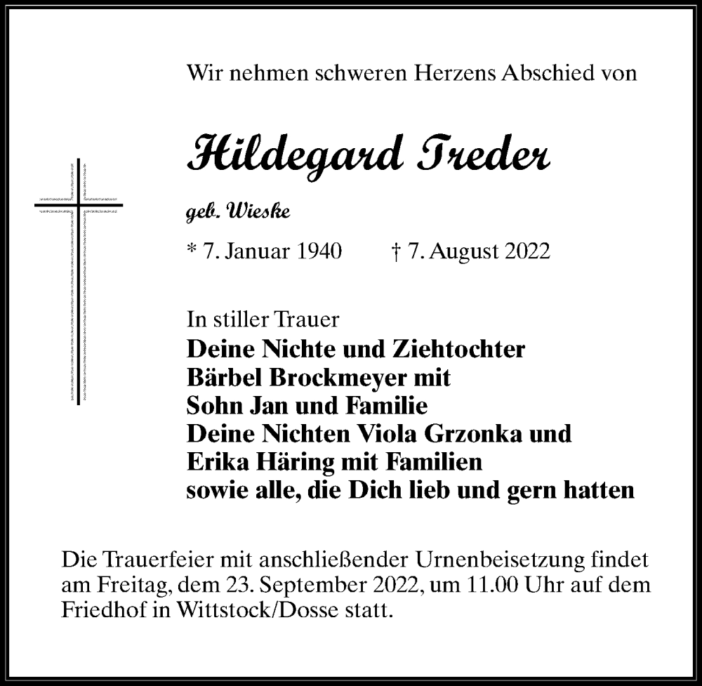  Traueranzeige für Hildegard Treder vom 27.08.2022 aus Märkischen Allgemeine Zeitung