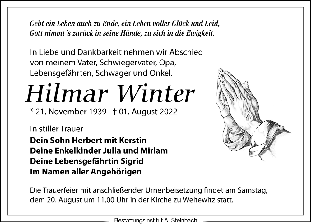  Traueranzeige für Hilmar Winter vom 06.08.2022 aus Leipziger Volkszeitung