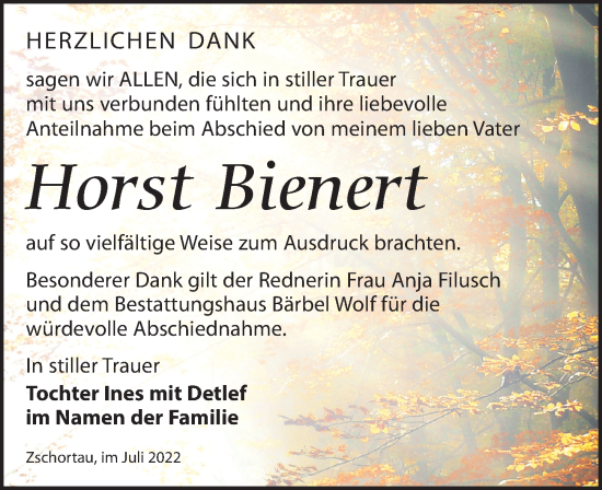 Traueranzeige von Horst Bienert von Leipziger Volkszeitung