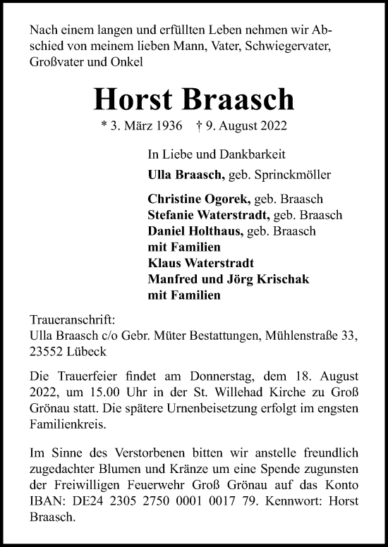 Traueranzeige von Horst Braasch von Lübecker Nachrichten