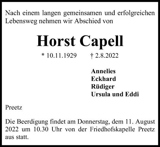Traueranzeige von Horst Capell von Kieler Nachrichten
