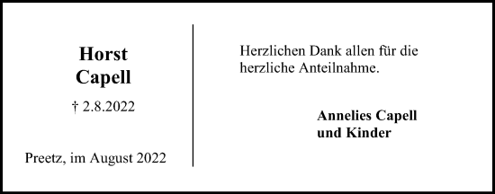 Traueranzeige von Horst Capell von Kieler Nachrichten