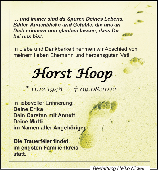 Traueranzeige von Horst Hoop von Leipziger Volkszeitung