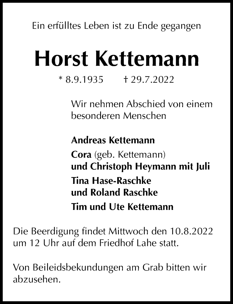  Traueranzeige für Horst Kettemann vom 06.08.2022 aus Hannoversche Allgemeine Zeitung/Neue Presse