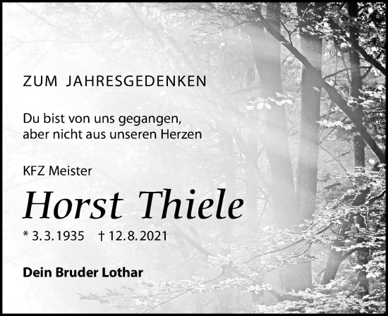 Traueranzeige von Horst Thiele von Leipziger Volkszeitung