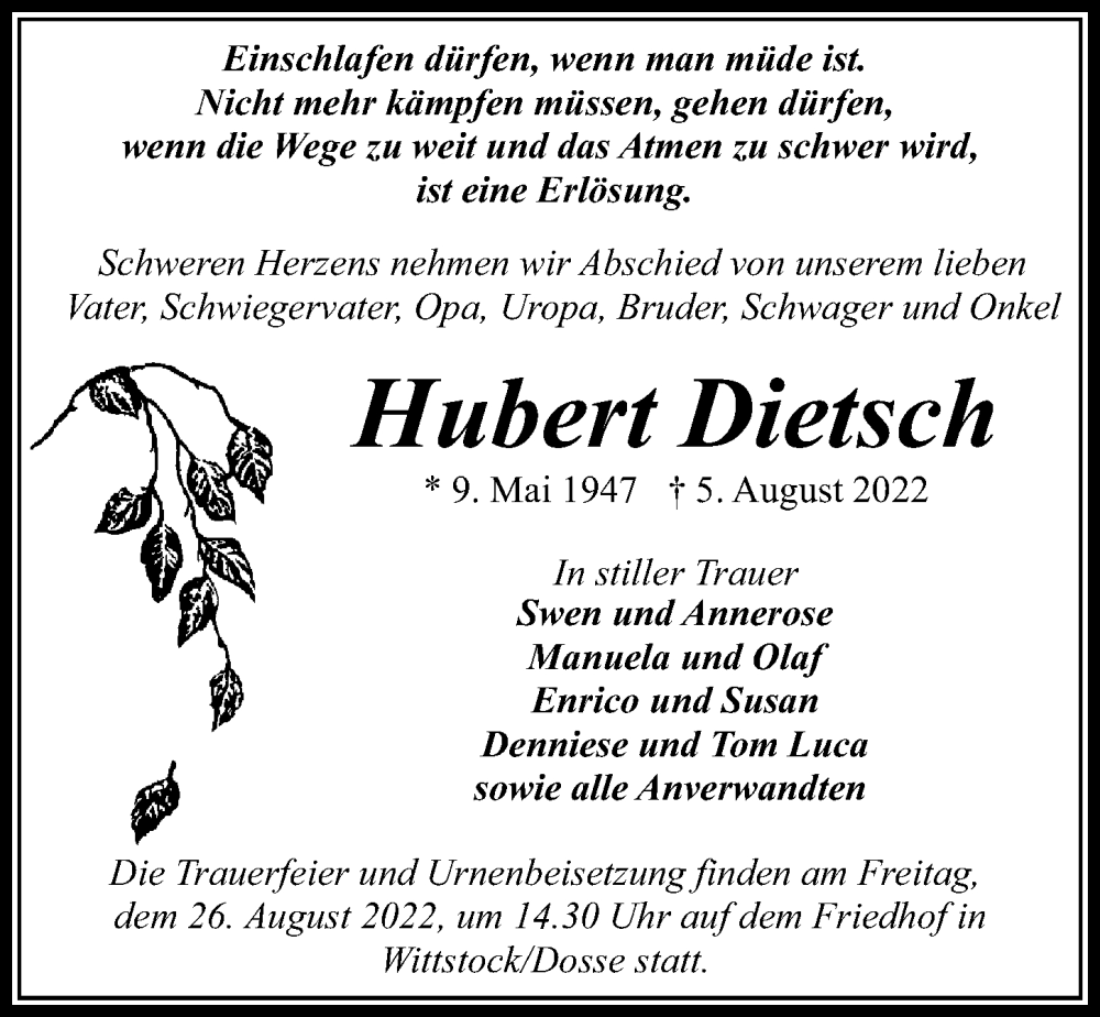  Traueranzeige für Hubert Dietsch vom 13.08.2022 aus Märkischen Allgemeine Zeitung