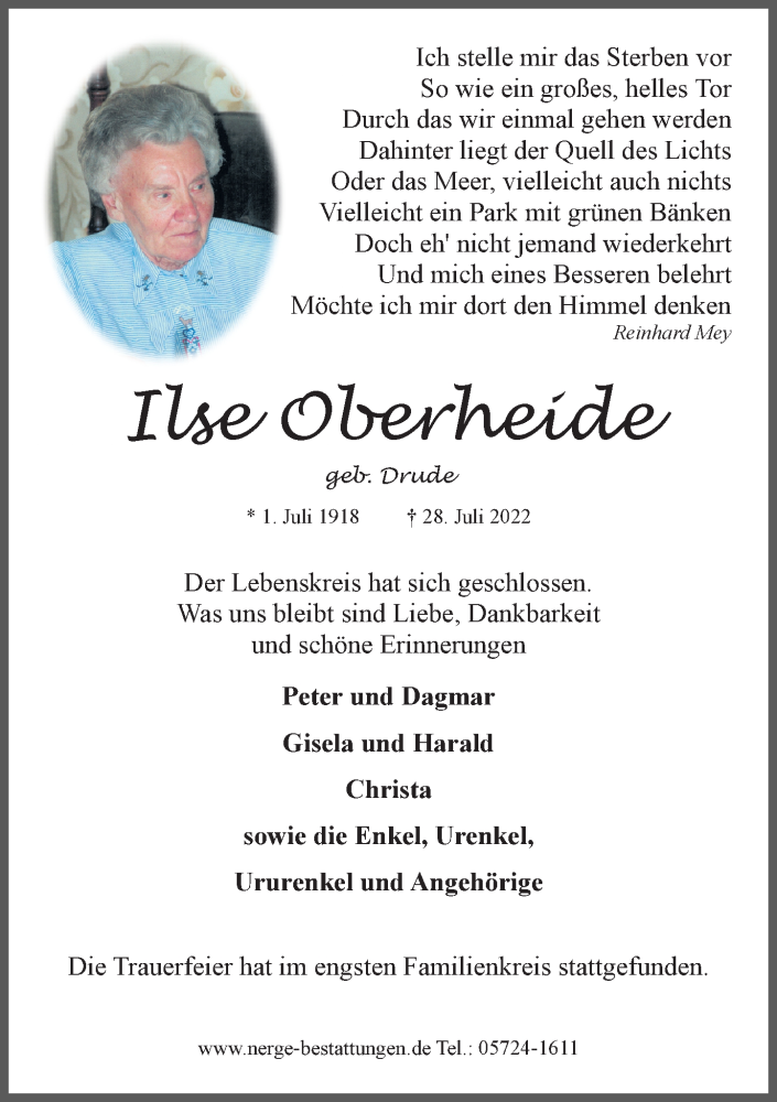  Traueranzeige für Ilse Oberheide vom 06.08.2022 aus Schaumburger Nachrichten
