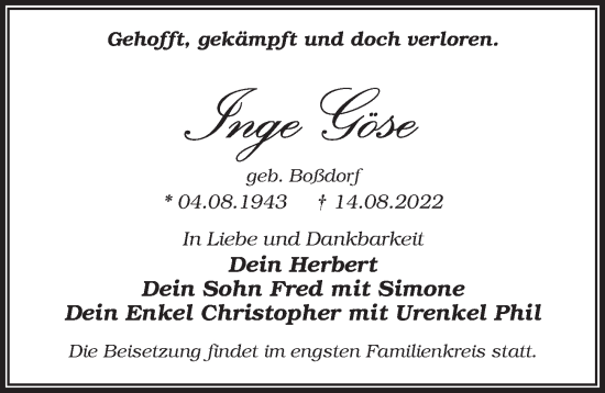 Traueranzeige von Inge Göse von Märkischen Allgemeine Zeitung