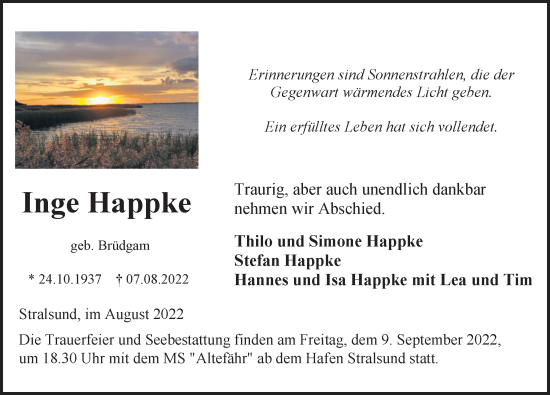 Traueranzeige von Inge Happke von Ostsee-Zeitung GmbH