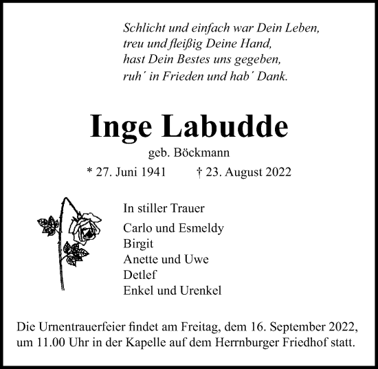 Traueranzeige von Inge Labudde von Ostsee-Zeitung GmbH